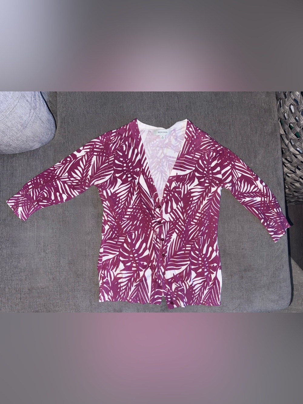 Merona Whiteand maroon Cardigan with Pink Leaf Print